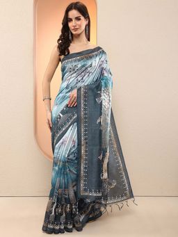Libas - Blue Printed Silk Blend Saree with Unstitched Blouse