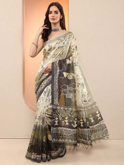 Libas - Olive Printed Silk Blend Saree with Unstitched Blouse