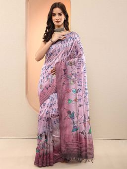Libas - Purple Printed Silk Blend Saree with Unstitched Blouse