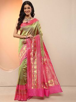Libas - Green Woven Design Silk Blend Saree with Unstitched Blouse