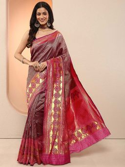Libas - Burgundy Woven Design Silk Blend Saree with Unstitched Blouse