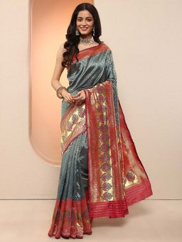 Libas - Teal Woven Design Silk Blend Saree with Unstitched Blouse