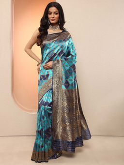 Libas - Blue Woven Design Silk Blend Saree with Unstitched Blouse