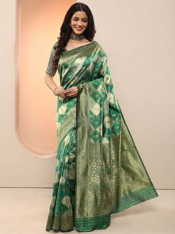 Libas - Green Woven Design Silk Blend Saree with Unstitched Blouse