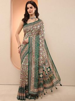 Libas - Green Printed Silk Blend Saree with Unstitched Blouse