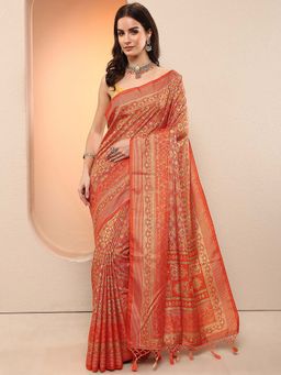 Libas - Orange Printed Silk Blend Saree with Unstitched Blouse