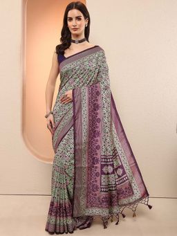 Libas - Purple Printed Silk Blend Saree with Unstitched Blouse