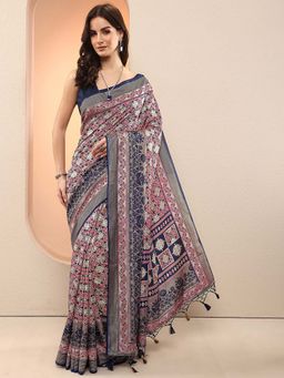 Libas - Navy Blue Printed Silk Blend Saree with Unstitched Blouse
