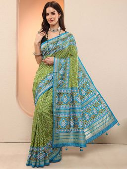 Libas - Green Printed Silk Blend Saree with Unstitched Blouse