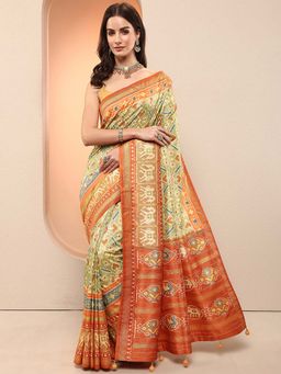 Libas - Green Printed Silk Blend Saree with Unstitched Blouse