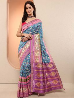 Libas - Blue Printed Silk Blend Saree with Unstitched Blouse