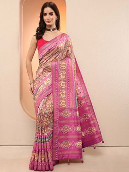 Libas - Pink Printed Silk Blend Saree with Unstitched Blouse