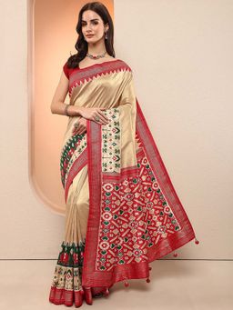 Libas - Gold Printed Silk Blend Saree with Unstitched Blouse