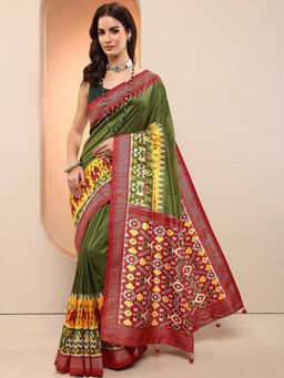 Libas - Green Printed Silk Blend Saree with Unstitched Blouse