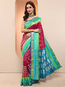 Libas - Red Printed Silk Blend Saree with Unstitched Blouse
