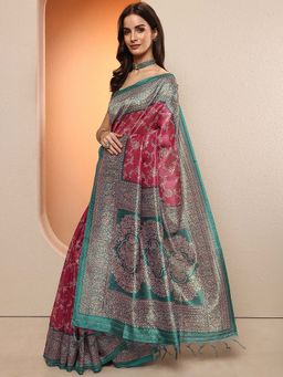 Libas - Maroon Printed Silk Blend Saree with Unstitched Blouse