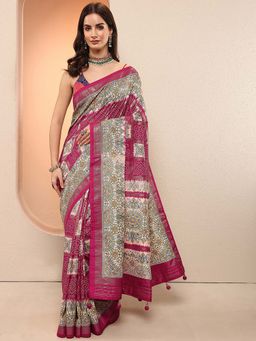 Libas - Maroon Printed Silk Blend Saree with Unstitched Blouse