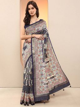 Libas - Navy Blue Printed Silk Blend Saree with Unstitched Blouse