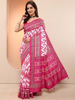 Libas - Pink Printed Silk Blend Saree with Unstitched Blouse