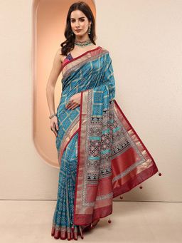 Libas - Blue Printed Silk Blend Saree with Unstitched Blouse