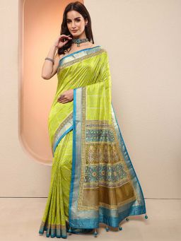 Libas - Green Printed Silk Blend Saree with Unstitched Blouse