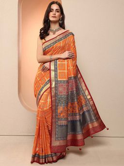 Libas - Orange Printed Silk Blend Saree with Unstitched Blouse