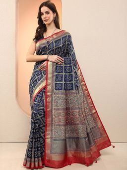 Libas - Navy Blue Printed Silk Blend Saree with Unstitched Blouse