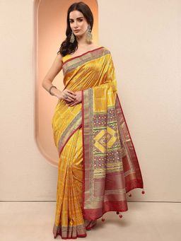 Libas - Yellow Printed Silk Blend Saree with Unstitched Blouse