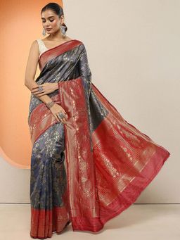 Libas - Navy Blue Woven Design Silk Blend Saree with Unstitched Blouse