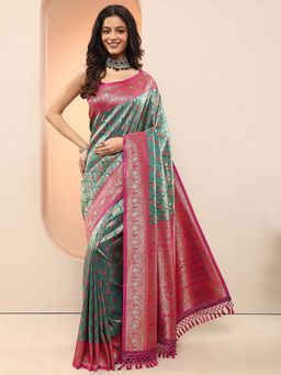 Libas - Teal Woven Design Silk Blend Saree with Unstitched Blouse