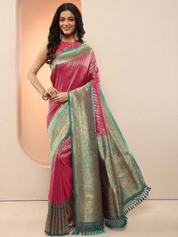 Libas - Pink Woven Design Silk Blend Saree with Unstitched Blouse