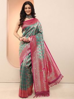 Libas - Green Woven Design Silk Blend Saree with Unstitched Blouse