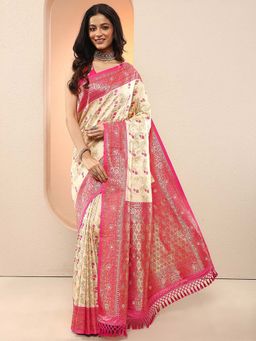 Libas - Cream Woven Design Silk Blend Saree with Unstitched Blouse