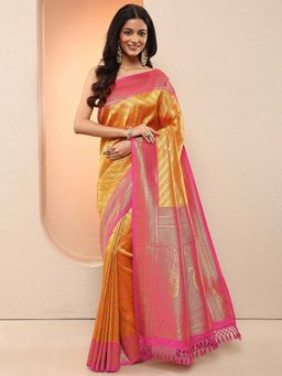 Libas - Yellow Woven Design Silk Blend Saree with Unstitched Blouse