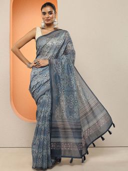 Libas - Blue Printed Silk Blend Saree with Unstitched Blouse