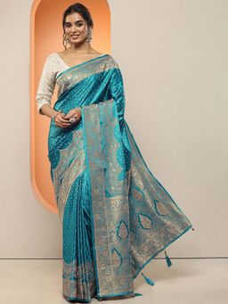 Libas - Blue Woven Design Silk Blend Saree with Unstitched Blouse