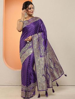 Libas - Purple Woven Design Silk Blend Saree with Unstitched Blouse