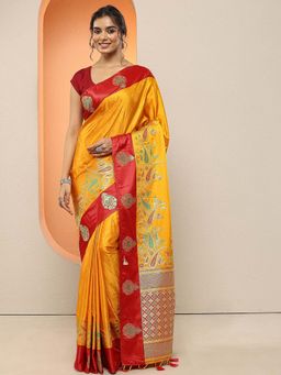 Libas - Yellow Woven Design Silk Blend Saree with Unstitched Blouse