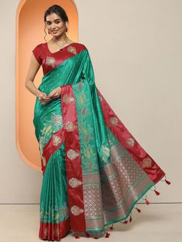 Libas - Green Woven Design Silk Blend Saree with Unstitched Blouse