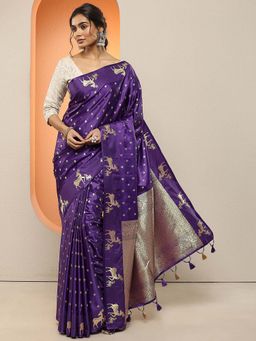 Libas - Purple Woven Design Silk Blend Saree with Unstitched Blouse