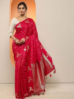 Libas - Red Woven Design Silk Blend Saree with Unstitched Blouse