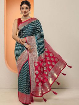 Libas - Teal Woven Design Silk Blend Saree with Unstitched Blouse