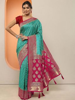 Libas - Green Woven Design Silk Blend Saree with Unstitched Blouse