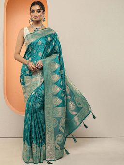 Libas - Teal Woven Design Silk Blend Saree with Unstitched Blouse