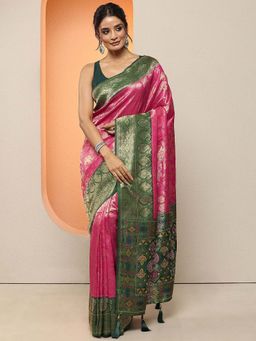Libas - Pink Woven Design Silk Blend Saree with Unstitched Blouse