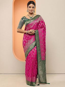 Libas - Pink Woven Design Silk Blend Saree with Unstitched Blouse