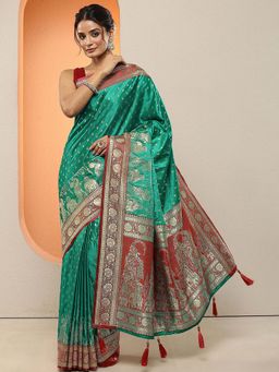 Libas - Green Woven Design Silk Blend Saree with Unstitched Blouse
