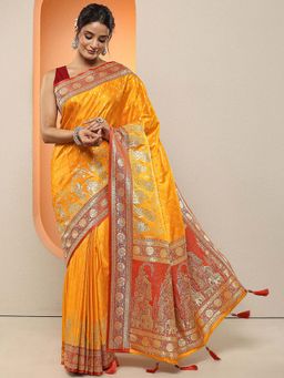 Libas - Yellow Woven Design Silk Blend Saree with Unstitched Blouse