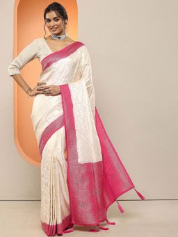 Libas - Cream Woven Design Silk Blend Saree with Unstitched Blouse