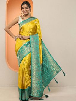 Libas - Yellow Woven Design Silk Blend Saree with Unstitched Blouse